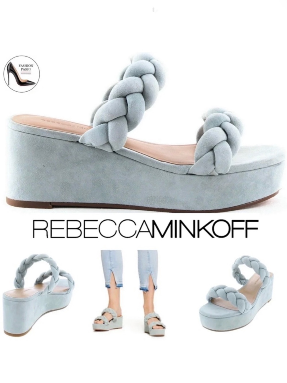REBECCA MINKOFF Imani Luxury Designer Light Blue Braided Suede Platform Sandal 6